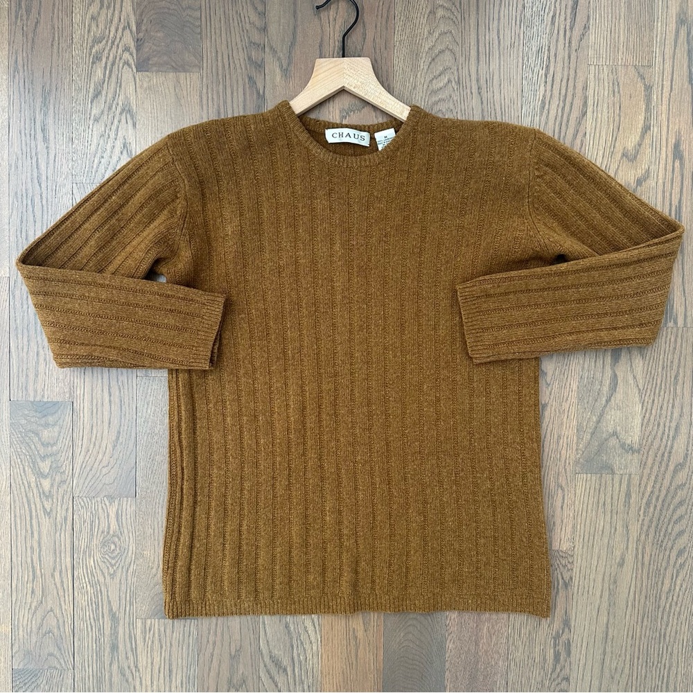Vintage Chaus Thick Ribbed Lambswool Crew Neck Sweater in Warm Brown Medium